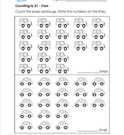 Counting to 21 - Cars - Kindergarten Counting Worksheets