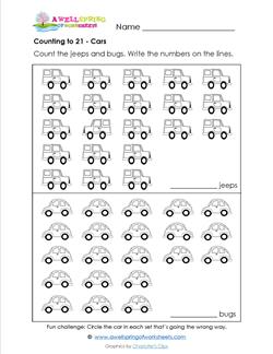 Counting to 21 - Cars - Kindergarten Counting Worksheets