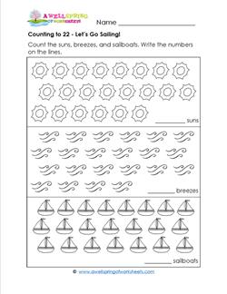 Counting to 22 - Let's Go Sailing! - Kindergarten Counting Worksheets