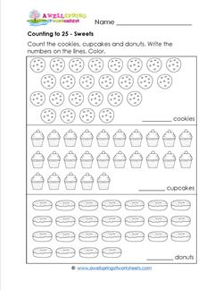 Counting to 25 - Sweets - Kindergarten Counting Worksheets