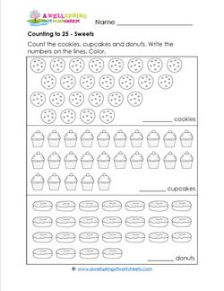 Counting to 25 - Sweets - Kindergarten Counting Worksheets