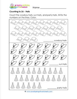 Counting to 26 - Hats - Kindergarten Counting Worksheets