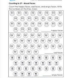 Counting to 27 - Mood Faces - Kindergarten Counting Worksheets