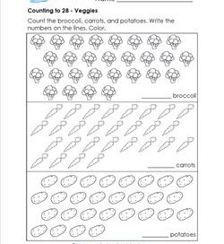 Counting to 28 - Veggies - Kindergarten Counting Worksheets