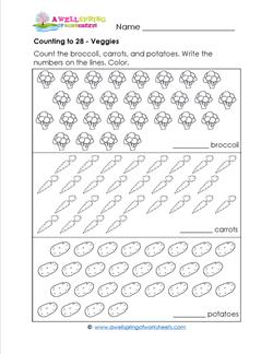 Counting to 28 - Veggies - Kindergarten Counting Worksheets