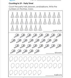 Counting to 29 - Party Time! - Kindergarten Counting Worksheets