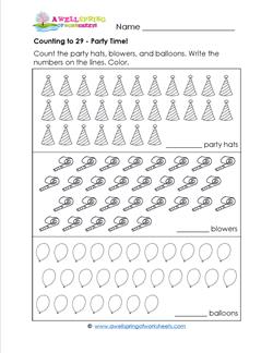 Counting to 29 - Party Time! - Kindergarten Counting Worksheets