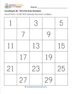 Counting to 30 - Fill In All the Even Numbers - Kindergarten Counting Worksheets
