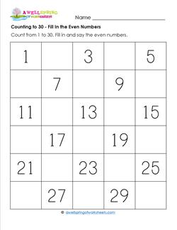 Counting to 30 - Fill In All the Even Numbers - Kindergarten Counting Worksheets
