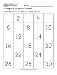 Counting to 30 - Fill In the Odd Numbers - Kindergarten Counting Worksheets