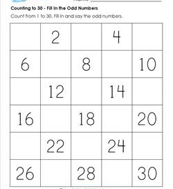 Counting to 30 - Fill In the Odd Numbers - Kindergarten Counting Worksheets