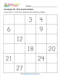 Counting to 30 - Fill In Twenty Numbers - Kindergarten Counting Worksheets