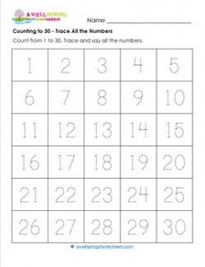 Counting to 30 - Trace All the Numbers - Kindergarten Counting Worksheets