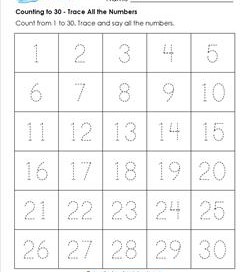Counting to 30 - Trace All the Numbers - Kindergarten Counting Worksheets