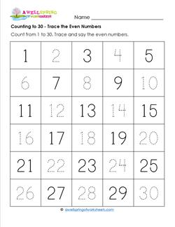 Counting to 30 - Trace the Even Numbers - Kindergarten Counting Worksheets