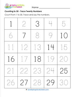 Counting to 30 - Trace Twenty Numbers - Kindergarten Counting Worksheets