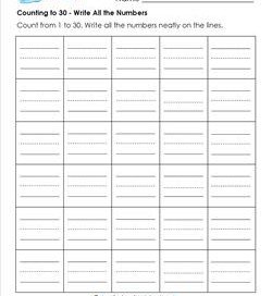 Counting to 30 - Write All the Numbers - Kindergarten Counting Worksheets