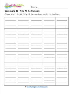 Counting to 30 - Write All the Numbers - Kindergarten Counting Worksheets