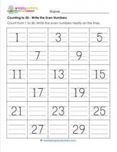 Counting to 30 - Write the Even Numbers - Kindergarten Counting Worksheets