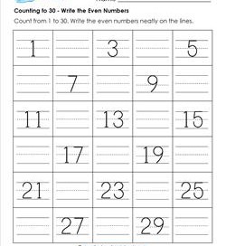 Counting to 30 - Write the Even Numbers - Kindergarten Counting Worksheets