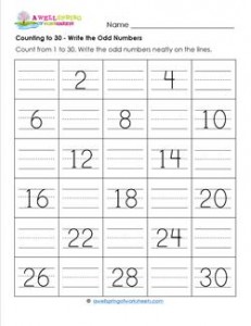 Counting to 30 - Write the Odd Numbers - Kindergarten Counting Worksheets