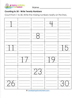 Counting to 30 - Write Twenty Numbers - Kindergarten Counting Worksheets