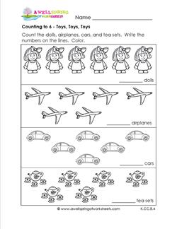 Kindergarten Counting Worksheets - Counting to 6 - Toys