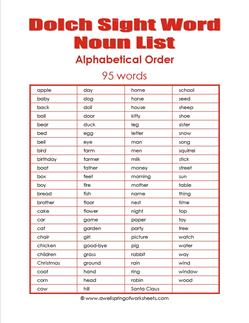 dolch nouns list - alphabetical order