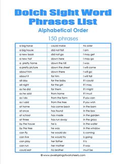 dolch phrases list - alphabetical order