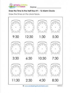 Draw the Time to the Half Hour #1 - 12 Alarm Clocks