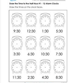 Draw the Time to the Half Hour #1 - 12 Alarm Clocks