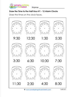 Draw the Time to the Half Hour #1 - 12 Alarm Clocks