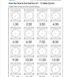 Draw the Time to the Half Hour #1 - 16 Table Clocks