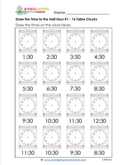 Draw the Time to the Half Hour #1 - 16 Table Clocks