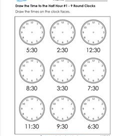 Draw the Time to the Half Hour #1 - 9 Round Clocks