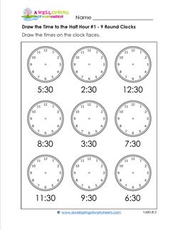 Draw the Time to the Half Hour #1 - 9 Round Clocks