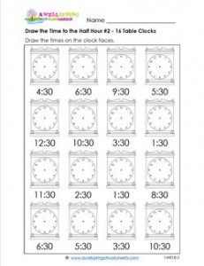 Draw the Time to the Half Hour #2 - 16 Table Clocks