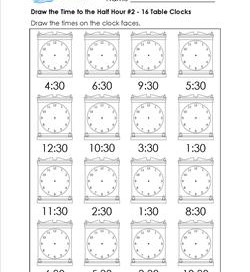 Draw the Time to the Half Hour #2 - 16 Table Clocks