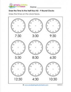 Draw the Time to the Half Hour #2 - 9 Round Clocks