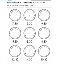 Draw the Time to the Half Hour #2 - 9 Round Clocks