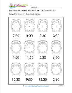 Draw the Time to the Half Hour #3 - 12 Alarm Clocks