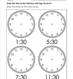 Draw the Time to the Half Hour #1 - Clock Worksheets with 4 Large Clocks