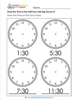 Draw the Time to the Half Hour #1 - Clock Worksheets with 4 Large Clocks