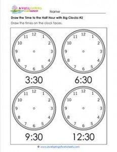 Draw the Time to the Half Hour #2 - Clock Worksheets with 4 Large Clocks