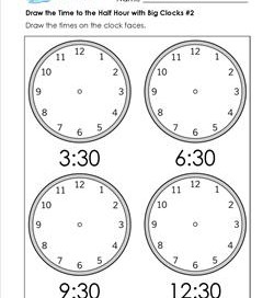 Draw the Time to the Half Hour #2 - Clock Worksheets with 4 Large Clocks