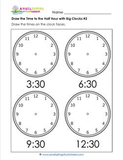 Draw the Time to the Half Hour #2 - Clock Worksheets with 4 Large Clocks