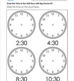 Draw the Time to the Half Hour #3 - Clock Worksheets with 4 Large Clocks