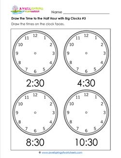 Draw the Time to the Half Hour #3 - Clock Worksheets with 4 Large Clocks