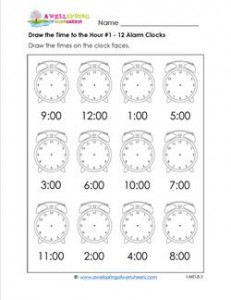 Draw the Time to the Hour #2 - 12 Alarm Clocks