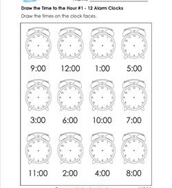 Draw the Time to the Hour #2 - 12 Alarm Clocks